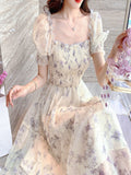 French Ink Painting Floral And Snowy Dress Bubble Sleeves Showing Thin Temperament Sweet Long Skirt Summer Women's Dress
