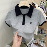 Pure Style Sexy Collar Short-Sleeved T-Shirt Women's Summer Design Splicing Repair Body Slim Short Top Tide