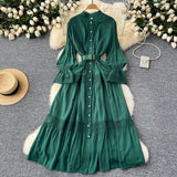 French Court Retro Elegant Dress Women's Collar Horn Sleeves To Close Single Buckle Lace Splicing Large Swing Dress