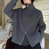 KANING Korean Version Of Double Zipper Knitted Cardigan 2026 Autumn And Winter New Loose Lazy Soft Sweater Woman