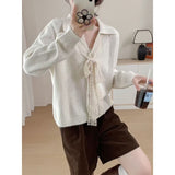 Kaning French V-Neck Bow Tie With Collar Knitted Shirt 2026 Autumn Dress Korean Wearing Lazy Wind Sweater