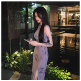 Lilac New Chinese Printing Hollow Improved Cheongsam Dress Girl Retro Gentle Style Design Sense Niche Open Skirt