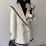 South Korea Autumn And Winter French Retro Age Reduction Navy Collar Double Buckle Loose Leisure Imitation Cashmere Wool Coat Woman