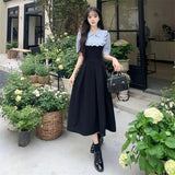 Large-Size College Wind And Fake Two Pieces Of Splicing Dress Women's Summer Fat Mm New Waist Display Thin Word Long Skirt