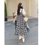 Fake Two Lattice With A Dress Woman Summer Giant Good-Looking College Wind Leisure Relaxed Age-Covered Thin Skirt