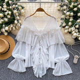 Fairy Top 2025 Summer Languid Temperament Famous Lotus Leaf Side Splicing Horn Sleeve Chiffon Shirt Loose Shirt