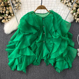 Round Collar Irregular Lotus Leaf Side Long Sleeve Loose Single-D Row Buckle Shirt Women's Spring And Autumn Design Sense French Casual Top