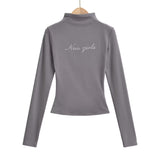 Hottie Autumn Hot Diamond Half High-Neck Long Sleeve Tight Short T-Shirt Solid Simple Top