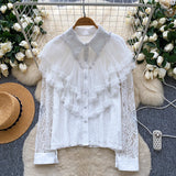French Light Luxury Famous Heavy Industry Nails Beads To Spliced Long-Sleeved Lace Top Lady Autumn Body Bottom Shirt