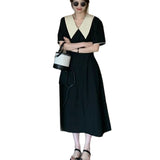 Hepburn Style Splicing Colliding Color Doll Collar Dress Senior Feeling Girl Summer Loose Adjustment Waist A Word Long Skirt
