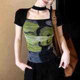Black-Green Faint Dye Hanging Neck To Receive Waist Repair Slim Thin Short-Sleeved T-Shirt Women 2026 New Summer Design Feel Top