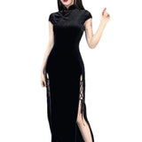 Vintage Chinese Velvet Cheongsam Improved Dress New Chinese Open Fork Tall Cool Black Temperament Long Dress