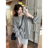 Crash Striped Shawl Folded Through The Korean Loose Long-Sleeved Edgy High-Waisted Rope Half-Dress Women's Early Autumn Two Sets Of Tide