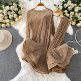 Vintage Style Niche Sexy Lace Long-Sleeved Dress Women Summer Waists Thin Ponhosle Side Short Skirt