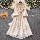French Gentle Lantern Embroidered Dress Dress Female Spring Korean Version Of Waist Tie With Long Skirt Commuting Temperament