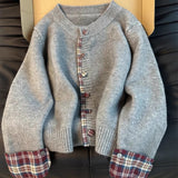 KANING Fake Two-Piece Round Collar Splicing Lattice Sweater 2026 Autumn New Korean Loose Leisure Knitted Open Shirt