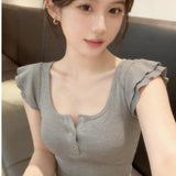 U-Neck Double-Layered Small Flying Sleeve Lotus Leaf Side Short-Sleeved T-Shirt Slimming Sweet Pure Desire Female Top