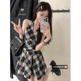 [Original Practice] French V-Neck Hanging Neck Lattice Dress Women's New Summer Temperament To Be Short