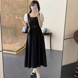 Hepburn Style Colliding Button-Fight Collar Bubble Sleeve Dress Women Summer Waist Light Luxury High Umbrella Skirt Dress
