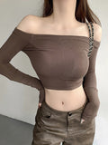 Ins Sexy Babes A Word Shoulder Short-Sleeved T-Shirt Girl Autumn Pure Want To Show Up Shoulder T-Shirt Bottom Thread Top