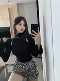 Grey Half-Neck Knitted Jersey Women Autumn Long-Sleeved Hollow Body Tight Open Fork Inside The Design Feel Bottom Top