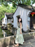 New Chinese Women's Sleeveless Hanging Neck Dress Summer Cold Slack Feeling Wearing Slings Green Broken Flower Dress