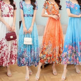 Elegant Style Print U-Neck With Lining High-Waisted Dress Summer Girl Middle-Nummer Mother Temperament A-Dress Dress