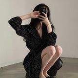French Wave Point V-Neck Long-Sleeved Dress Women's One-Sided Belt Spring And Autumn Suit Wearing A Small Short Skirt