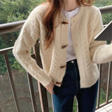 Horn Buckle Short Jersey Sweater Autumn And Winter New Knitted Cardigan Jacket Round Neck Solid Knitted Shirt Woman