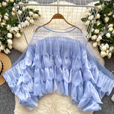 Light Luxury High-End Blouse Women Summer Lotus Edge Mesh Splicing Design Loose Famous Sister Top