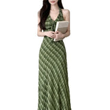 Fresh Green Lattice Out-Shoulder Hanging Neck Dress Female Xia Sen Style Temperament High Tice With A-Word Dress