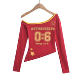 Personality Hottie Autumn New Printed Collared Shoulder Bumpy Long-Sleeved T-Shirt Collared Asymmetrical Collar