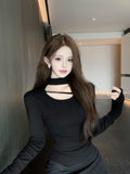 Pure Style Hot Girl Hanging Neck Long Sleeve Top Girl Autumn And Winter Thick De Velvet Design Sense Niche Hollow Bottom Shirt Top