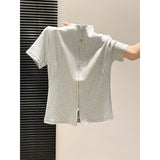 Li-Necked Double Zipper Short-Sleeved T-Shirt Women 2026 Summer New Korean Loose Thin Temperament Commuting Top