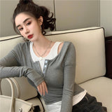 Design Sense Of A Niche Fake Two T-Shirts In Autumn 2025 New Korean Version Slimming Long Sleeve Bottom Shirt Top