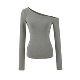 Solid Color Oblique Shoulder Shoulder-To-Shoulder Knitted Long-Sleeved Hottie Design Feel Bottom Blouse T-Shirt