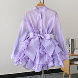 South Korea's Dongdaemun Autumn New Solid Color Lotus Leaf Side Long-Sleeved Shirt Niche Waist Thin Set-Up Shirt