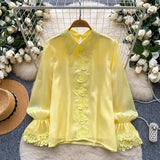 French Design Sense Of A Small Chic Top Female Heavy Industry Nail Lace Splicing Bead Mesh Yarn Shirt Female Gentle Wind
