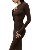 Ins Finger Buckle Solid Color Round-Neck Long-Sleeved Dress Body-Body-Skinny Dress Woman Tide