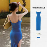 Pure-Style Sexy Blue Sling Dress Women's Summer Korean Version Slim Thin Open Fork And Hip Long Skirt