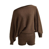 Autumn Maillard Wear Temperament Shoulder Sweater Oblique Shoulder Design Loose Knit Shirt Shorts Two Sets Of Women