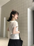 French Retro Lotus Side Sweet Sister Shirt Women Summer Lace Slimming Short-Sleeved Shirt White Top