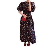 French Retro Black Collar Bubble Sleeve Shirt Dress Summer Waist Swing A Word Holiday Dress Woman