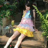 Color Three-Dimensional Flowers Open Shoulder Wave Point Hanging Neck Dress Women Summer Sweet Wind Splicing Cake Skirt Skirt Skirt