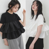 Real Shooting A Large Number Of Summer New Double-Layer Lotus Edge Spliced Women's Black And White Cotton Tops