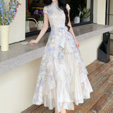 Hinggu Yulan Wen Wan New Chinese Printing Improved Cheongsam Skirt Summer Irregular Splicing Big Swing Dress