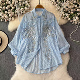 Ocean Gas Age Reduction Shirt Female French Heavy Industry Shiny Embroidery Diamond Set High-End Lantern Sleeve Thin Top Tide
