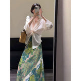 Vintage Atmosphere Kinesfing V-Neck Shirt High-Waisted Skirt Suit Women's Summer Fashion Casual Two-Piece
