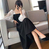 Long-Sleeved Black Fried Street Hao Benfeng Dress Woman's New Spring And Autumn Splicing Square Lead French Dress Retro A Skirt