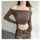 Ins Sexy Babes A Word Shoulder Short-Sleeved T-Shirt Girl Autumn Pure Want To Show Up Shoulder T-Shirt Bottom Thread Top